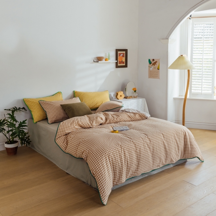 91家纺网 家纺一手货源 找家纺 棉眠2020夏季新款32支色织水洗棉四件套 奶茶格