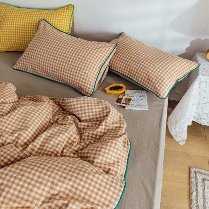 91家纺网 家纺一手货源 找家纺 棉眠2020夏季新款32支色织水洗棉四件套 奶茶格