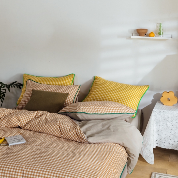 91家纺网 家纺一手货源 找家纺 棉眠2020夏季新款32支色织水洗棉四件套 奶茶格