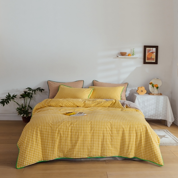 91家纺网 家纺一手货源 找家纺 棉眠2020夏季新款32支色织水洗棉四件套 小黄格