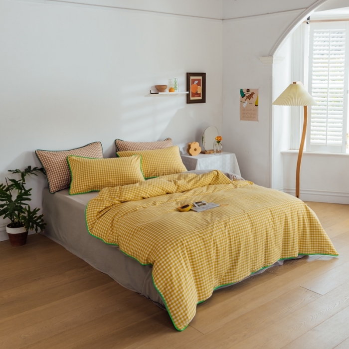 91家纺网 家纺一手货源 找家纺 棉眠2020夏季新款32支色织水洗棉四件套 小黄格