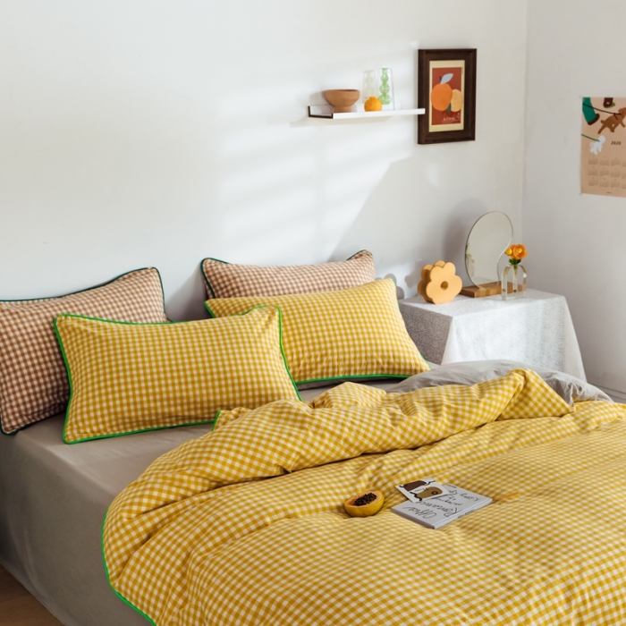 91家纺网 家纺一手货源 找家纺 棉眠2020夏季新款32支色织水洗棉四件套 小黄格