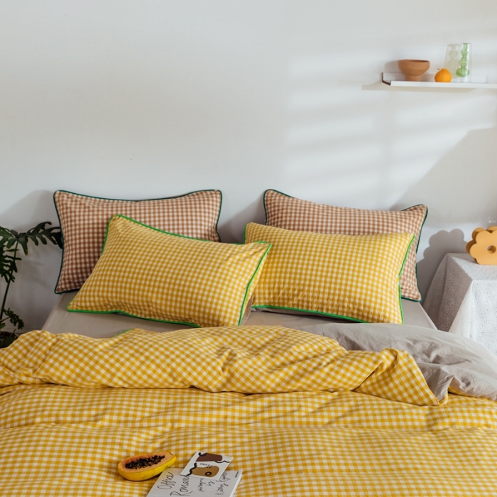 91家纺网 家纺一手货源 找家纺 棉眠2020夏季新款32支色织水洗棉四件套 小黄格