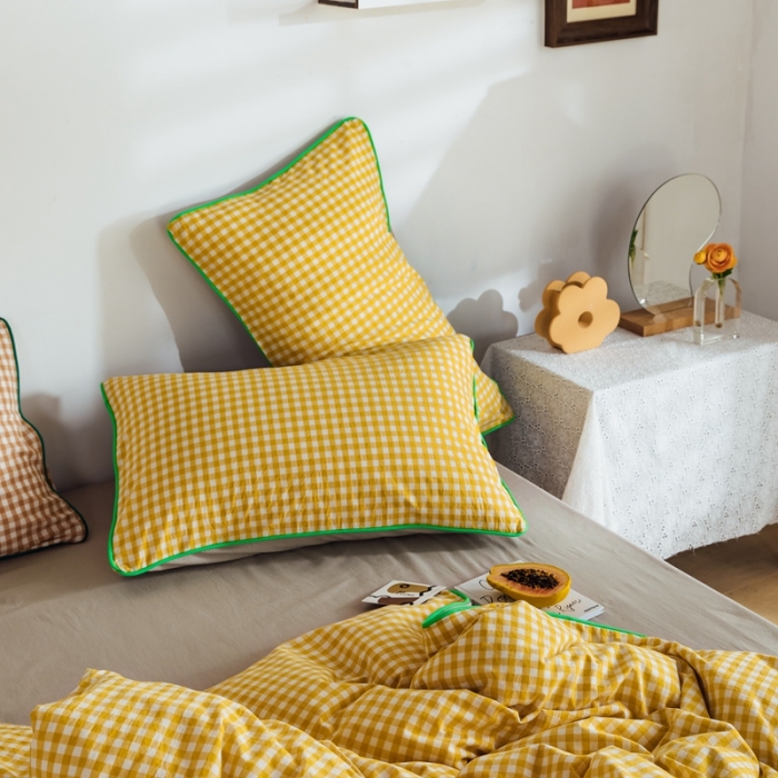 91家纺网 家纺一手货源 找家纺 棉眠2020夏季新款32支色织水洗棉四件套 小黄格