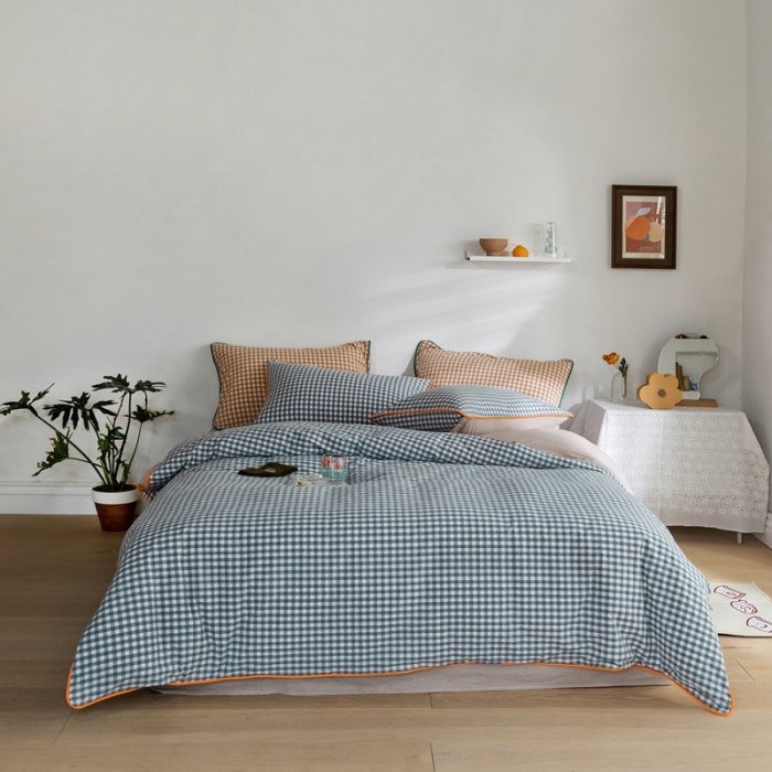 91家纺网 家纺一手货源 找家纺 棉眠2020夏季新款32支色织水洗棉四件套 小蓝格