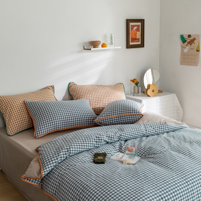 91家纺网 家纺一手货源 找家纺 棉眠2020夏季新款32支色织水洗棉四件套 小蓝格