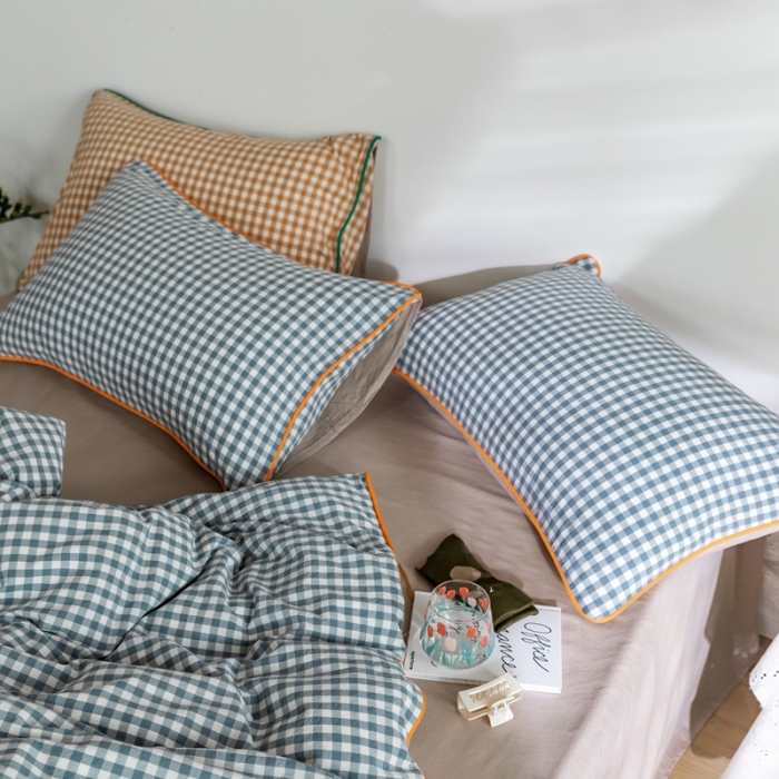 91家纺网 家纺一手货源 找家纺 棉眠2020夏季新款32支色织水洗棉四件套 小蓝格