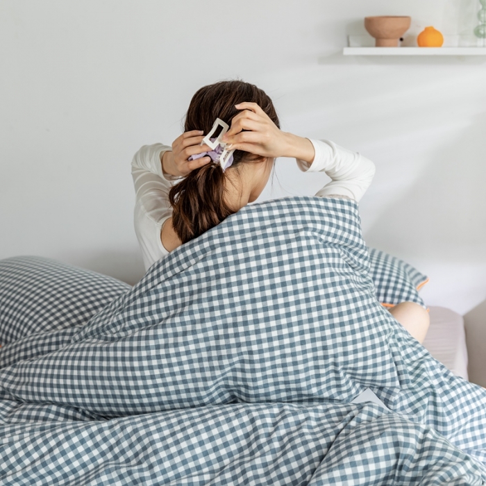 91家纺网 家纺一手货源 找家纺 棉眠2020夏季新款32支色织水洗棉四件套 小蓝格