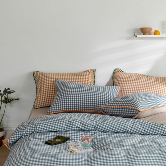 91家纺网 家纺一手货源 找家纺 棉眠2020夏季新款32支色织水洗棉四件套 小蓝格