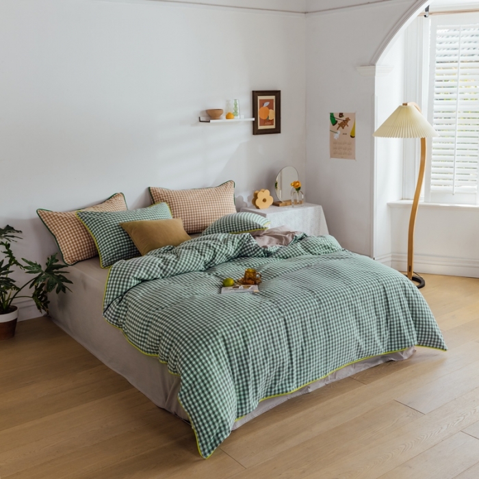 91家纺网 家纺一手货源 找家纺 棉眠2020夏季新款32支色织水洗棉四件套 小绿格