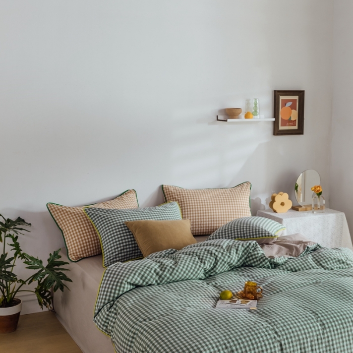 91家纺网 家纺一手货源 找家纺 棉眠2020夏季新款32支色织水洗棉四件套 小绿格