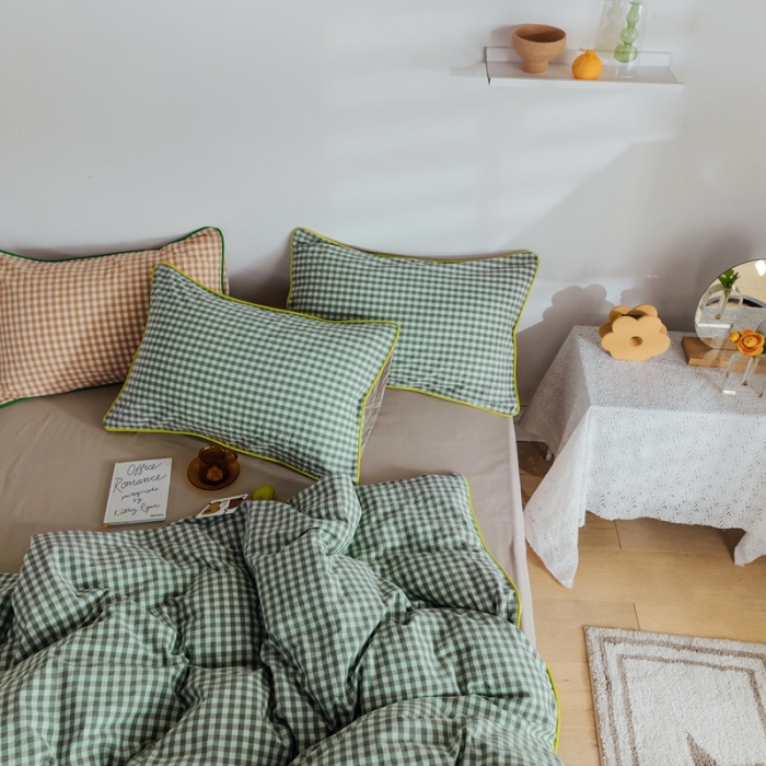 91家纺网 家纺一手货源 找家纺 棉眠2020夏季新款32支色织水洗棉四件套 小绿格