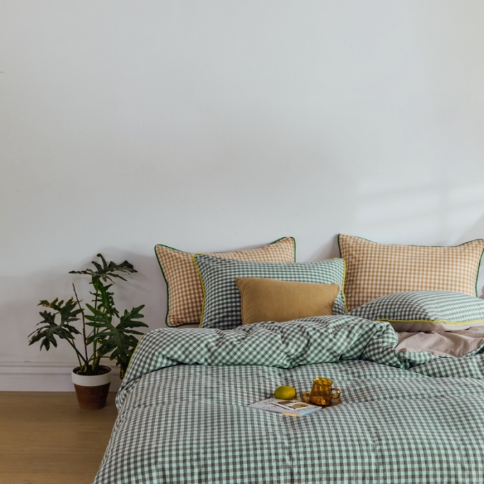 91家纺网 家纺一手货源 找家纺 棉眠2020夏季新款32支色织水洗棉四件套 小绿格