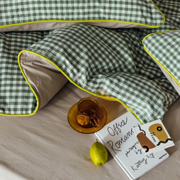 91家纺网 家纺一手货源 找家纺 棉眠2020夏季新款32支色织水洗棉四件套 小绿格