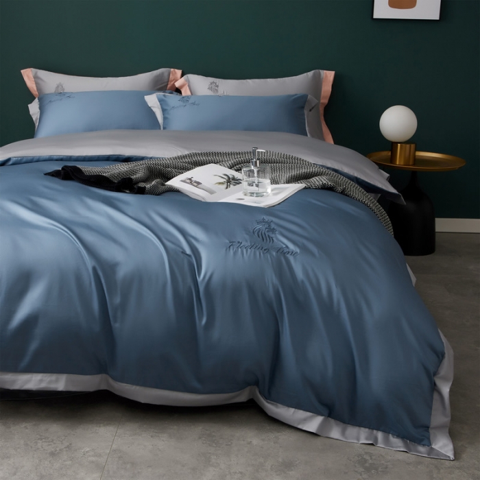 91家纺网 家纺一手货源 找家纺 优悦 2020新款40s长绒棉刺绣款全棉四件套 棚拍图-宾利蓝