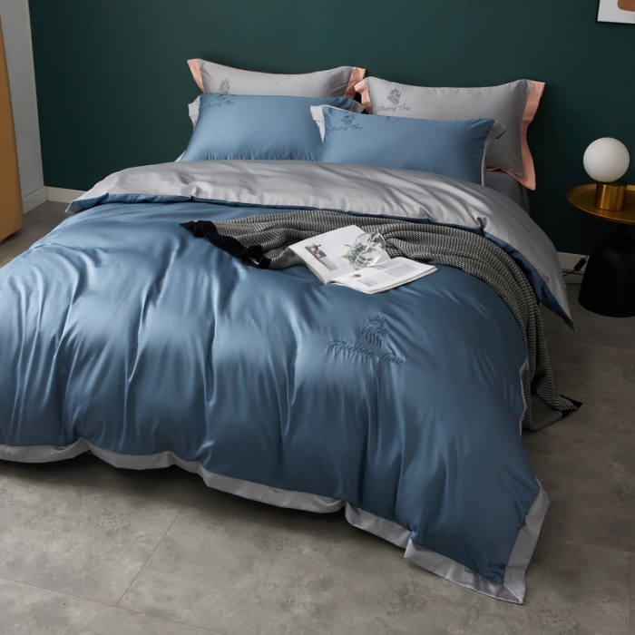 91家纺网 家纺一手货源 找家纺 优悦 2020新款40s长绒棉刺绣款全棉四件套 棚拍图-宾利蓝