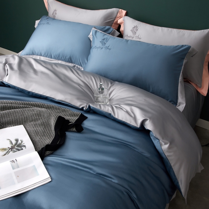 91家纺网 家纺一手货源 找家纺 优悦 2020新款40s长绒棉刺绣款全棉四件套 棚拍图-宾利蓝