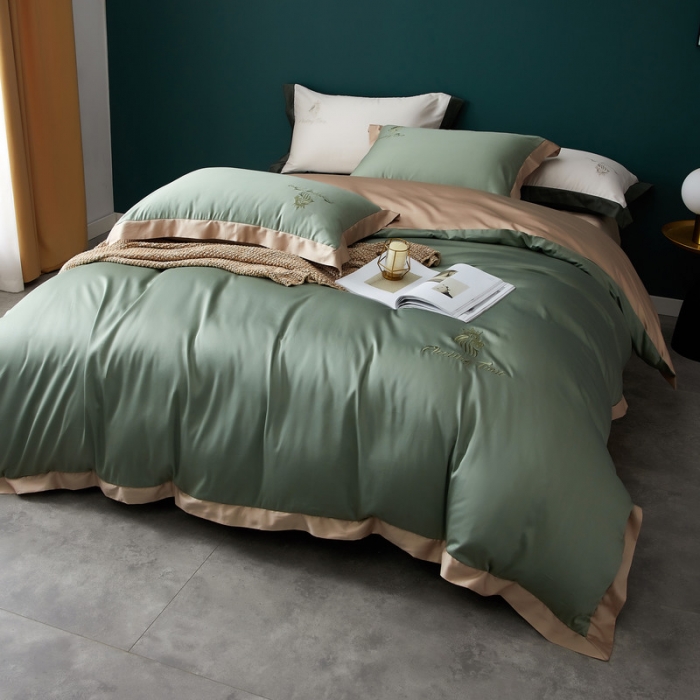 91家纺网 家纺一手货源 找家纺 优悦 2020新款40s长绒棉刺绣款全棉四件套 棚拍图-水漾绿