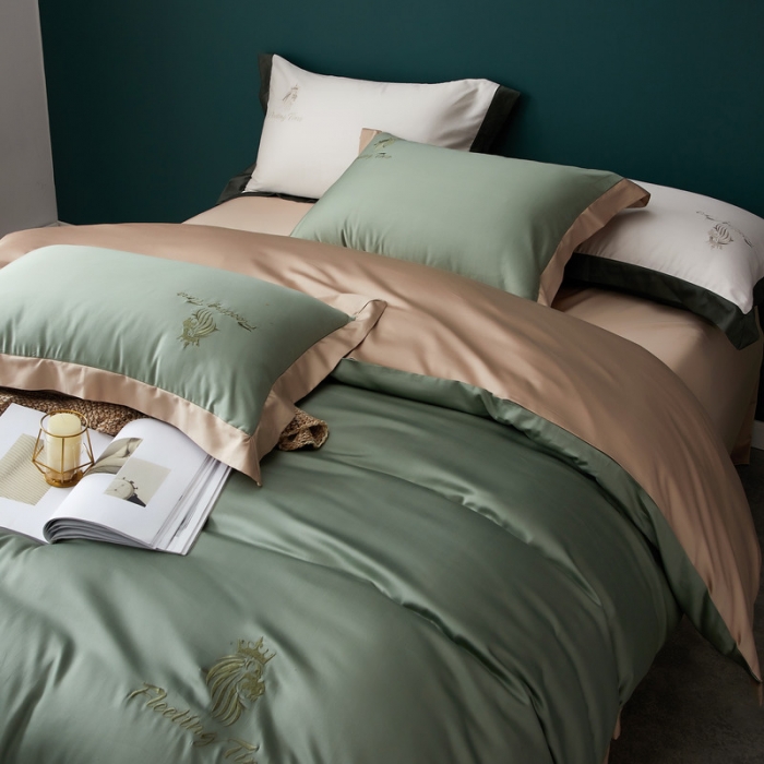 91家纺网 家纺一手货源 找家纺 优悦 2020新款40s长绒棉刺绣款全棉四件套 棚拍图-水漾绿