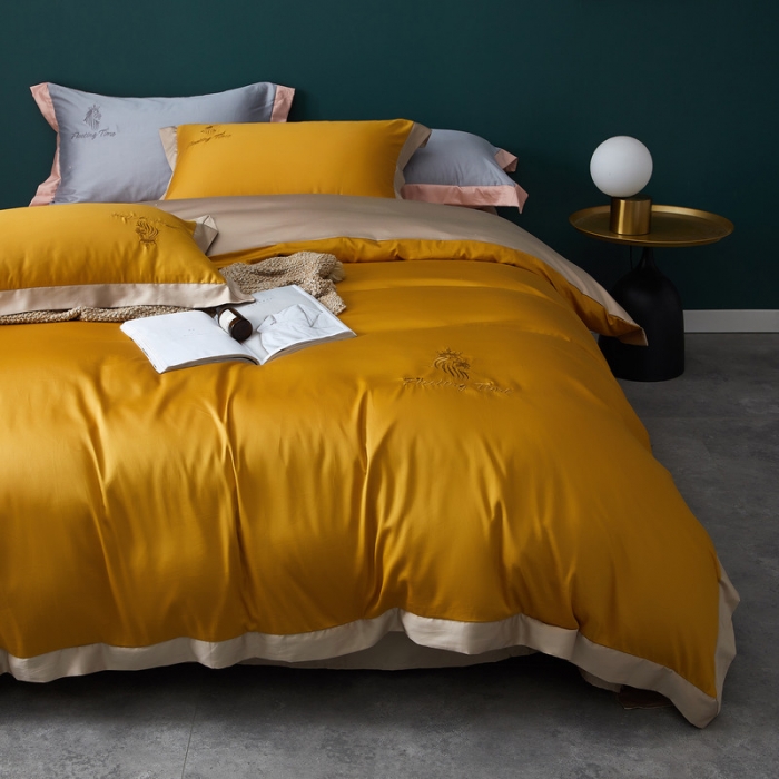 91家纺网 家纺一手货源 找家纺 优悦 2020新款40s长绒棉刺绣款全棉四件套 棚拍图-耀沙金