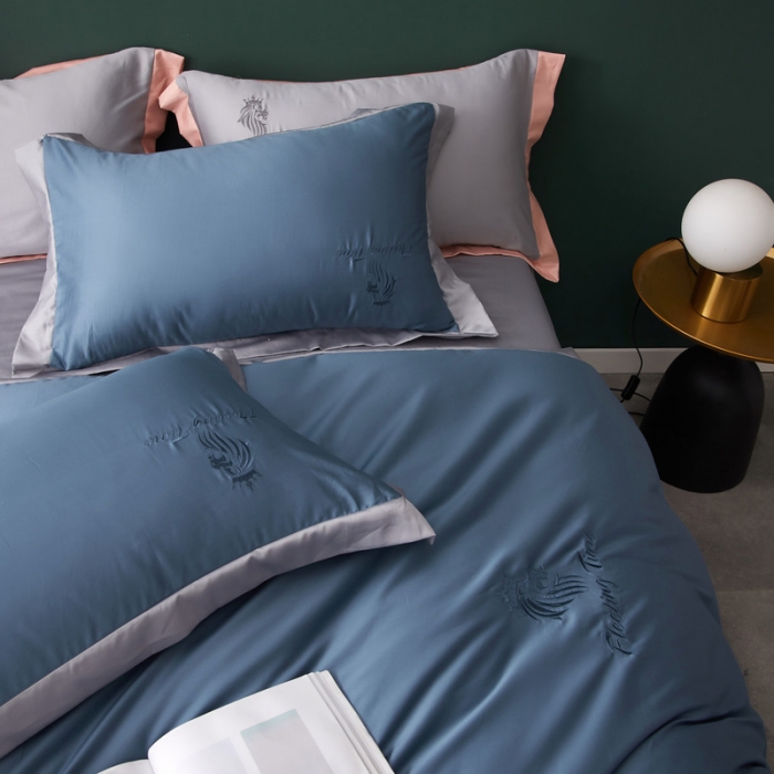 91家纺网 家纺一手货源 找家纺 优悦 2020新款40s长绒棉刺绣款全棉四件套 棚拍图-宾利蓝