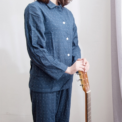 91家纺网 家纺一手货源 找家纺 【双层纱家居服】日文无印双层纱全棉良品情侣家居服 藏青波点女