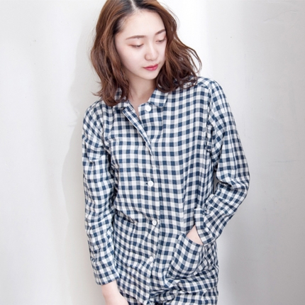 91家纺网 家纺一手货源 找家纺 【双层纱家居服】日文无印双层纱全棉良品情侣家居服 藏青小格女