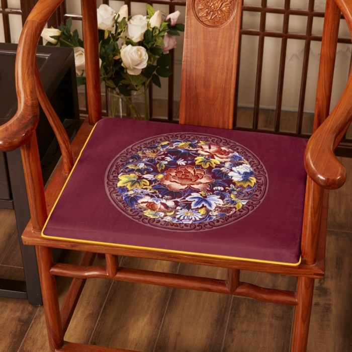 91家纺网 家纺一手货源 找家纺 北辰 2020新款绒布印花新中式坐垫红木沙发垫 秋香-玫红