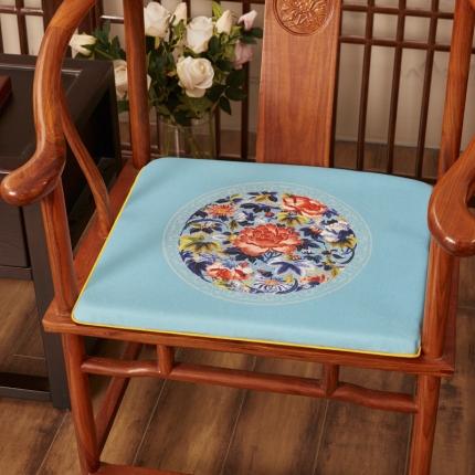 91家纺网 家纺一手货源 找家纺 北辰 2020新款麻布印花新中式坐垫红木沙发垫 秋香-亮蓝