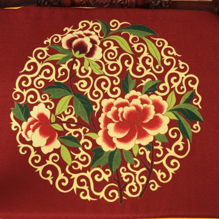 91家纺网 家纺一手货源 找家纺 北辰 2020新款麻布印花新中式坐垫红木沙发垫 花好月圆