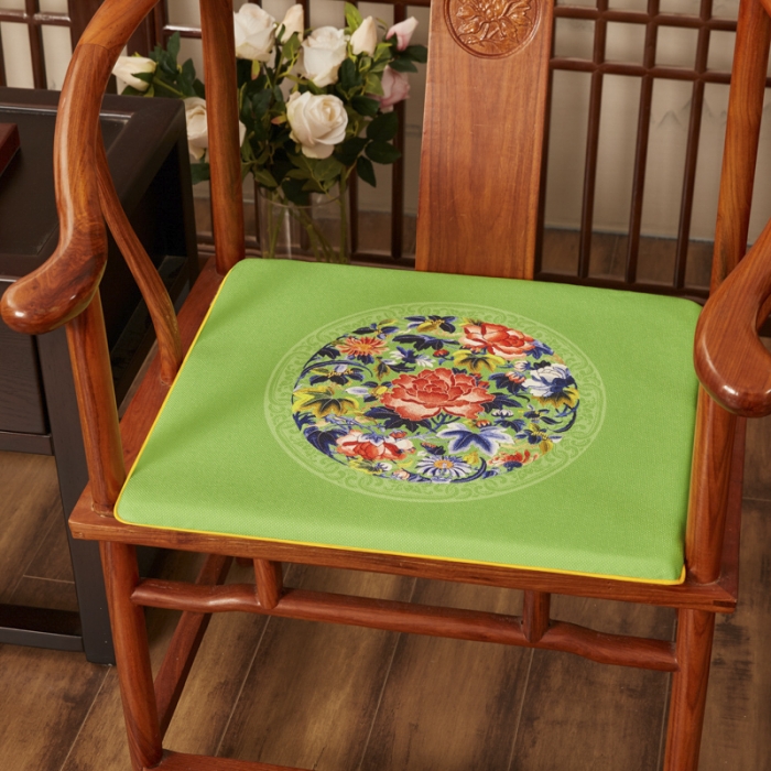 91家纺网 家纺一手货源 找家纺 北辰 2020新款麻布印花新中式坐垫红木沙发垫 秋香-亮绿