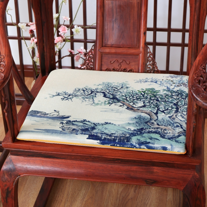 91家纺网 家纺一手货源 找家纺 北辰 2020新款麻布印花新中式坐垫红木沙发垫 松下垂钓