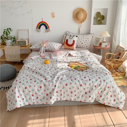 91家纺网 家纺一手货源 找家纺 眠屿 2020新款全棉夏被四件套 草莓酱
