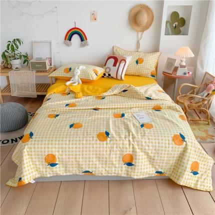 91家纺网 家纺一手货源 找家纺 眠屿 2020新款全棉夏被四件套 格子橙