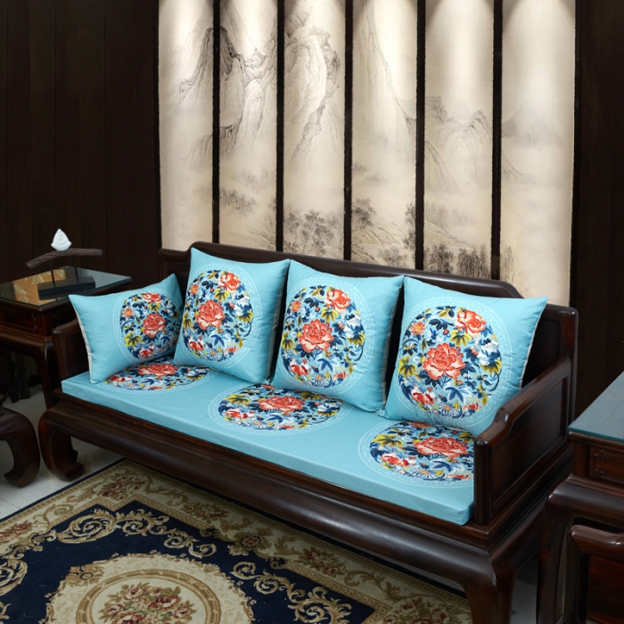 91家纺网 家纺一手货源 找家纺 北辰 2020新款麻布印花沙发垫系列 秋香-亮蓝