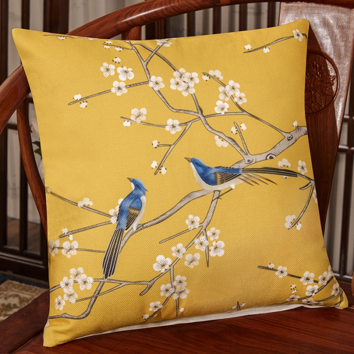 91家纺网 家纺一手货源 找家纺 北辰 2020新款麻布印花新中式抱枕 鹊上眉梢-亮黄
