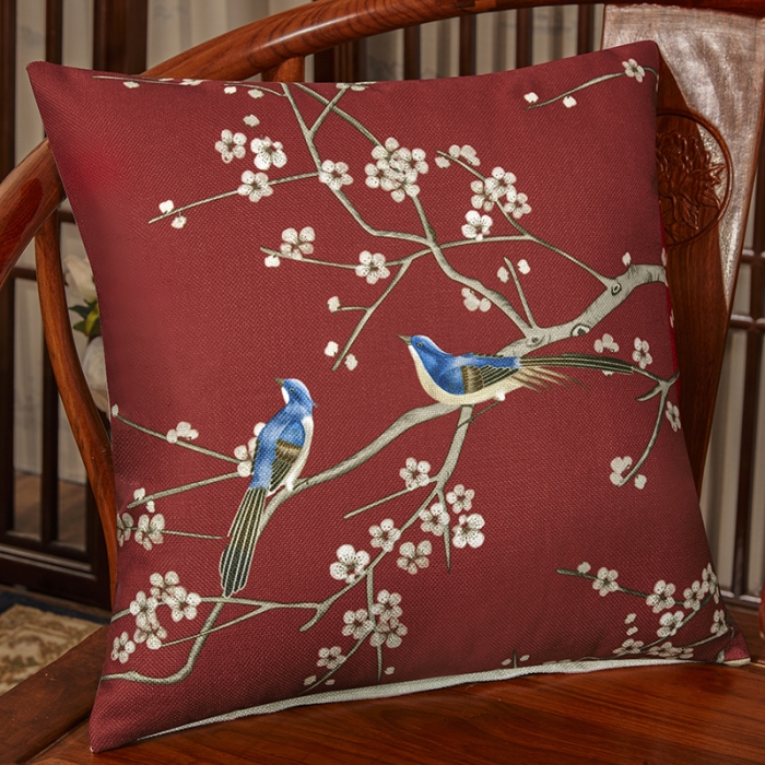 91家纺网 家纺一手货源 找家纺 北辰 2020新款麻布印花新中式抱枕 鹊上眉梢-红