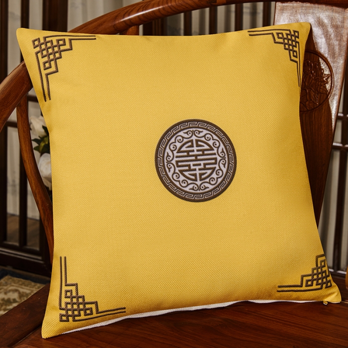 91家纺网 家纺一手货源 找家纺 北辰 2020新款麻布印花新中式抱枕 富贵-亮黄