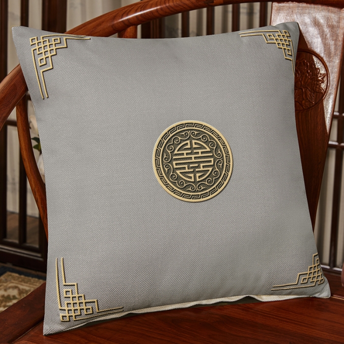 91家纺网 家纺一手货源 找家纺 北辰 2020新款麻布印花新中式抱枕 富贵-灰色