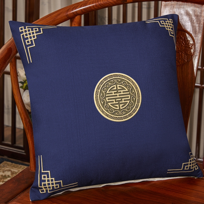 91家纺网 家纺一手货源 找家纺 北辰 2020新款麻布印花新中式抱枕 富贵-藏蓝