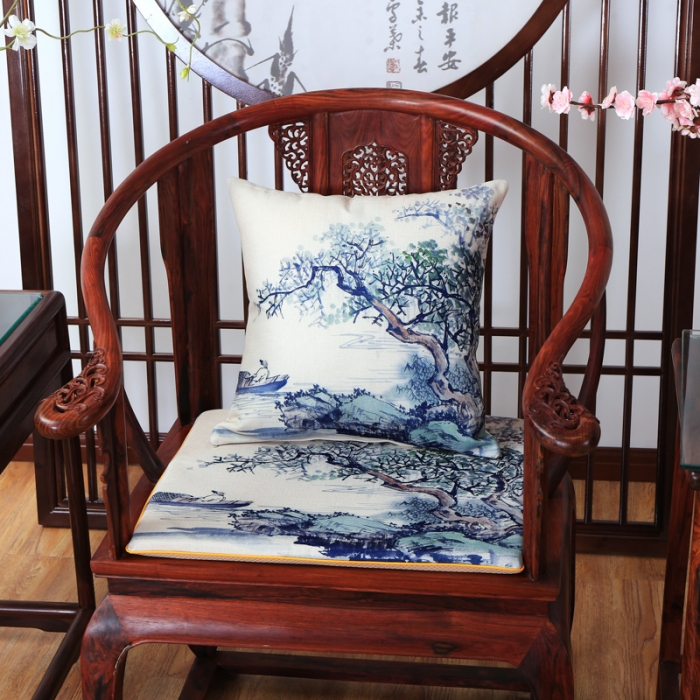 91家纺网 家纺一手货源 找家纺 北辰 2020新款麻布印花新中式抱枕 松下垂钓