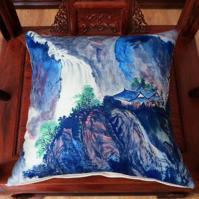 91家纺网 家纺一手货源 找家纺 北辰 2020新款麻布印花新中式抱枕 飞流直下