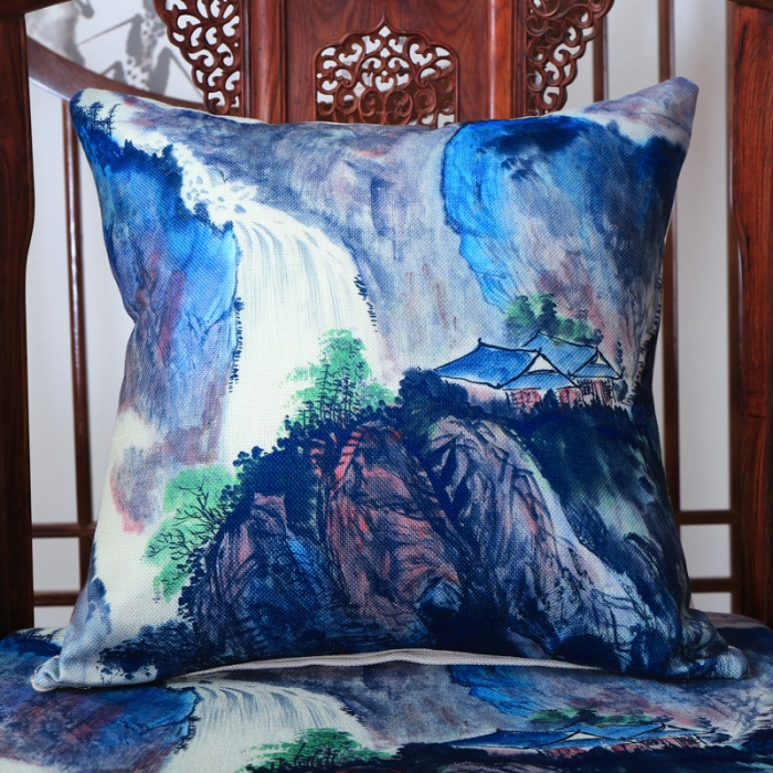 91家纺网 家纺一手货源 找家纺 北辰 2020新款麻布印花新中式抱枕 飞流直下