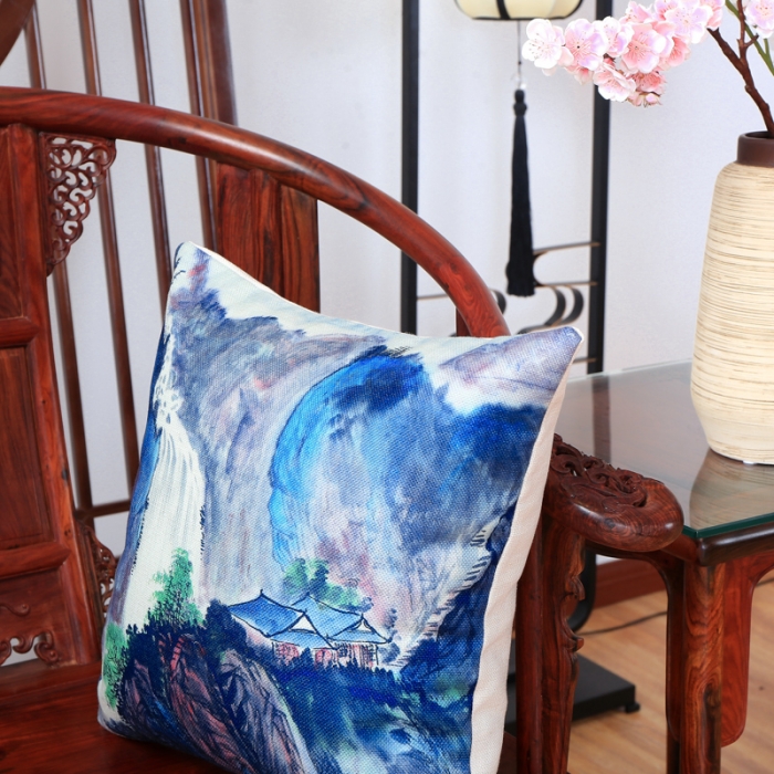 91家纺网 家纺一手货源 找家纺 北辰 2020新款麻布印花新中式抱枕 飞流直下
