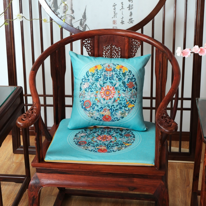 91家纺网 家纺一手货源 找家纺 北辰 2020新款麻布印花新中式抱枕 双鱼团花-亮蓝