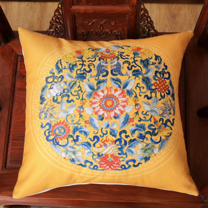 91家纺网 家纺一手货源 找家纺 北辰 2020新款麻布印花新中式抱枕 双鱼团花-金