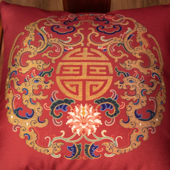 91家纺网 家纺一手货源 找家纺 北辰 2020新款麻布印花新中式抱枕 吉祥-红