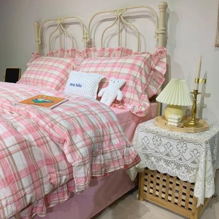 91家纺网 家纺一手货源 找家纺 六巷胡同2021春夏新品仙女风水果格子水洗棉四件套实拍图 蜜桃格