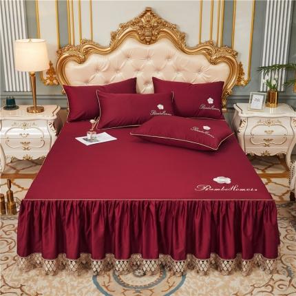 91家纺网 家纺一手货源 找家纺 菊上 2021新款60支长绒棉山茶花系列单层床裙 酒红