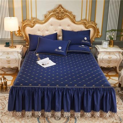 91家纺网 家纺一手货源 找家纺 菊上 2021新款60支长绒棉山茶花系列加棉床裙 宝蓝